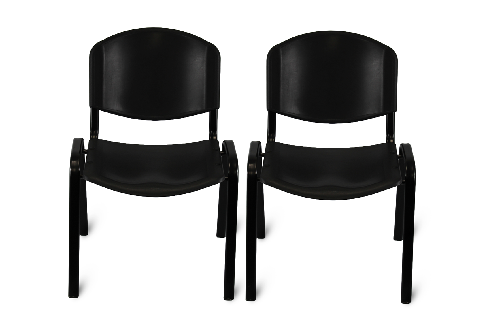 Set of two black Meta Furniture plastic stacking chairs with ergonomic backrest and armrests