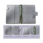Open gray Budget Binder with stainless steel rings, multiple card pockets, pen holders, and magnetic buckle