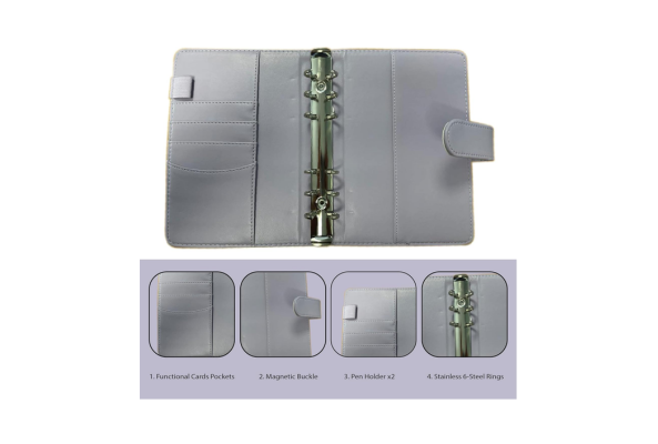 Open gray Budget Binder with stainless steel rings, multiple card pockets, pen holders, and magnetic buckle