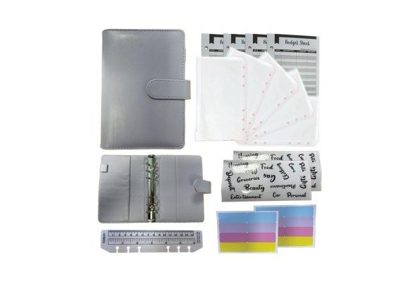 Meta Furniture Budget Binder with gray cover, clear sleeves, budgeting sheets, and category stickers