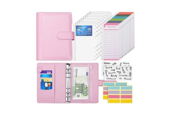 Meta Furniture pink Budget Binder with card slots, cash pocket, dividers, and colorful labels