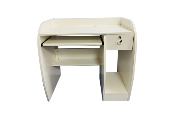 White Meta Furniture computer table with drawer featuring a pull-out keyboard tray and open storage space