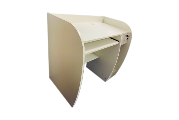 Modern white computer table with drawer and curved side panels by Meta Furniture