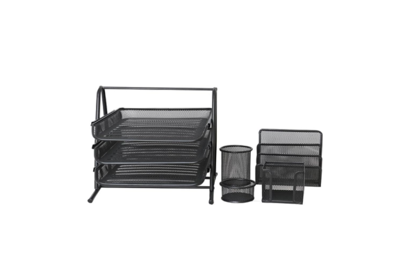 Meta Furniture Desk Organiser 5 Pieces set with black mesh trays and holders for office supplies