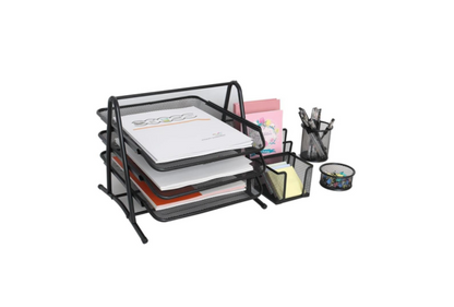 Meta Furniture Desk Organiser 5 Pieces black mesh multi-tier file trays and pen holders for office