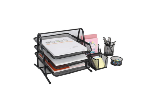 Meta Furniture Desk Organiser 5 Pieces black mesh multi-tier file trays and pen holders for office