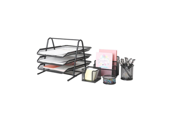 Meta Furniture Desk Organiser 5 Pieces set with document trays, memo holder, pen cup, and small storage containers