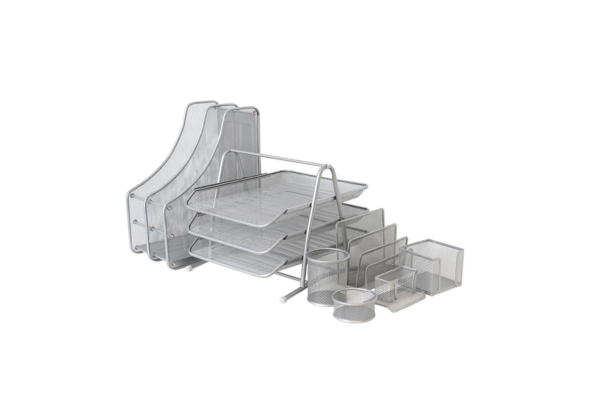 Meta Furniture Desk Organiser 7 Pieces set with trays, pen holders, and file racks in clear mesh metal