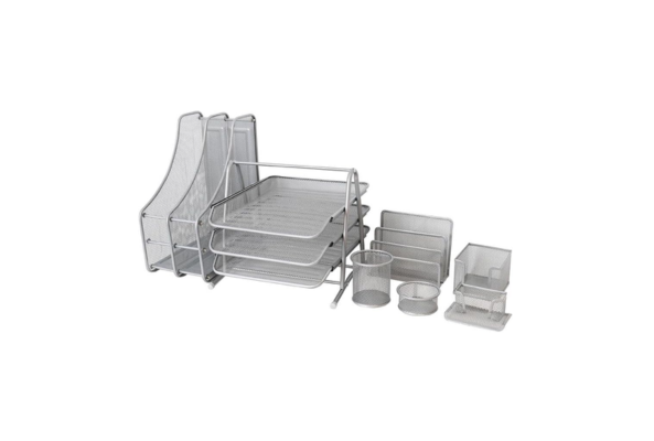 Meta Furniture Desk Organiser 7 Pieces set in silver metal mesh for office supplies storage