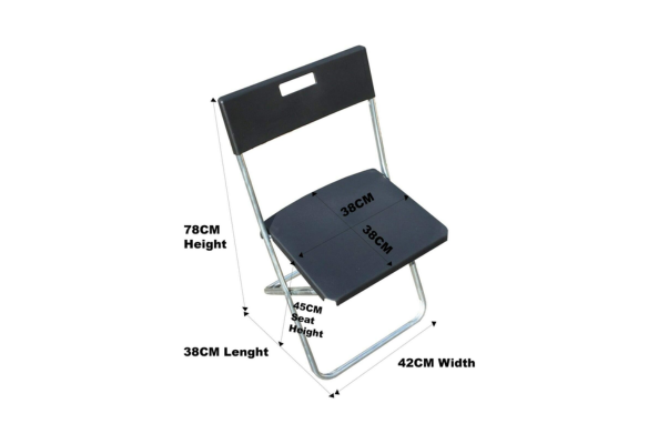 Black plastic folding chair with metal frame and dimensions for Exam Table & Plastic Folding Chair by Meta Furniture