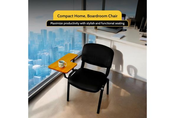 Meta Furniture Fabric Stacking Chair With Tablet in black for compact home and boardroom use