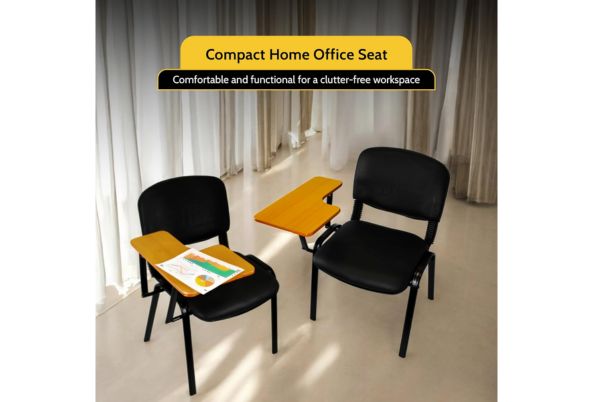 Meta Furniture Fabric Stacking Chair With Tablet featuring black fabric and wooden writing surface for compact home office