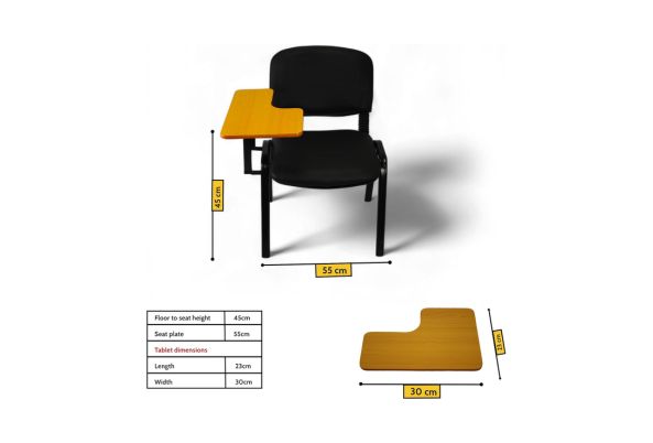 Meta Furniture Fabric Stacking Chair With Tablet for comfortable writing and study with black fabric and wooden tablet