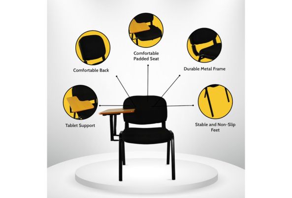 Fabric Stacking Chair With Tablet featuring comfortable back, padded seat, durable metal frame, tablet support, and non-slip feet