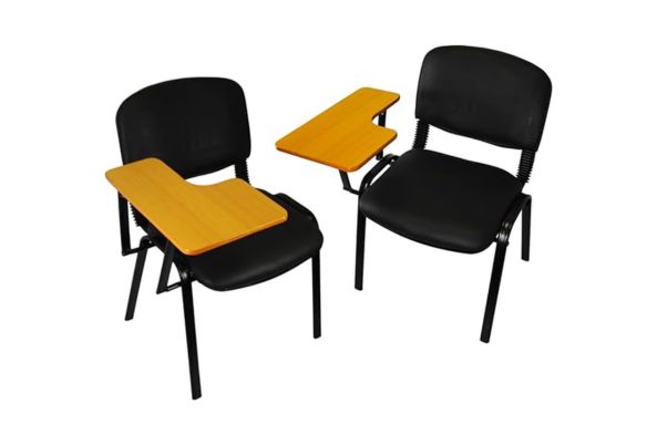 Meta Furniture Fabric Stacking Chair With Tablet in black fabric and wooden writing surface