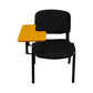 Fabric Stacking Chair With Tablet featuring black cushioned seat and backrest with wooden writing tablet