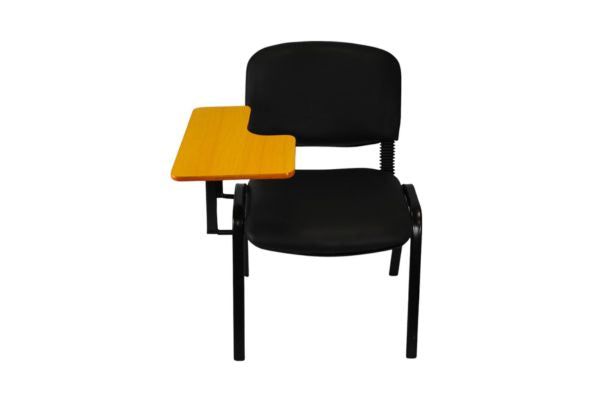 Fabric Stacking Chair With Tablet featuring black cushioned seat and backrest with wooden writing tablet