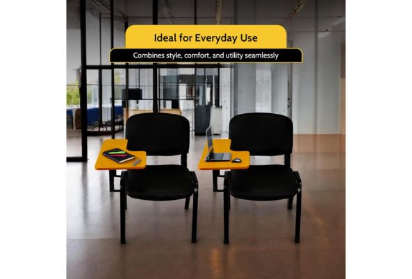 Meta Furniture Fabric Stacking Chair With Tablet in black with orange tablet arm for everyday use