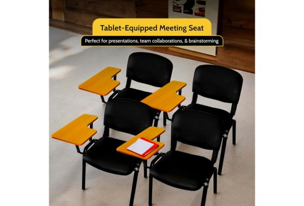 Fabric Stacking Chair With Tablet in black with orange tablet armrests for meetings and presentations