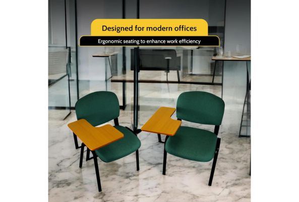 Fabric Stacking Chair With Tablet in green fabric and black frame for modern office use