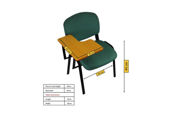 Meta Furniture Fabric Stacking Chair With Tablet in green with black frame and wooden tablet top