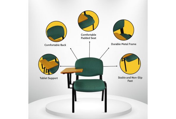 Meta Furniture Fabric Stacking Chair With Tablet featuring padded seat, comfortable back, durable metal frame, and non-slip feet