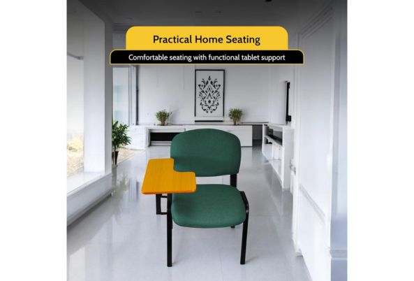 Meta Furniture fabric stacking chair with tablet in green and black frame in modern bright room
