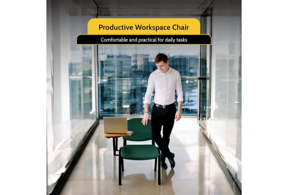 Fabric Stacking Chair With Tablet and a laptop in a modern office with a man standing nearby