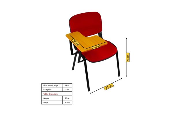 Red Fabric Stacking Chair With Tablet by Meta Furniture showing dimensions of seat and tablet