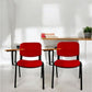 Red Fabric Stacking Chair With Tablet on black frame in a bright modern office setting
