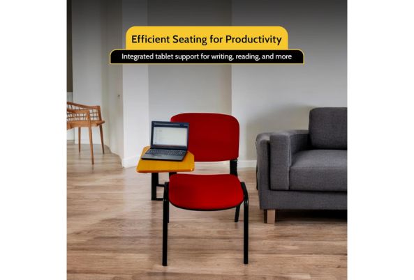 Fabric Stacking Chair With Tablet featuring red fabric seat and black frame with integrated tablet support for productivity