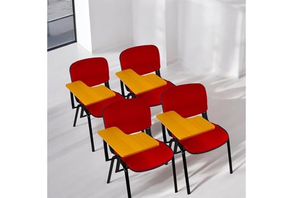 Meta Furniture Fabric Stacking Chair With Tablet in red fabric and black frame set of four