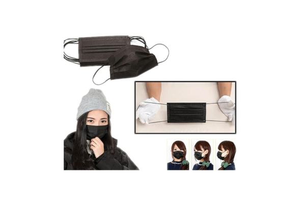 Black facemask by Meta Furniture shown worn, stretched, and in multiple views for comfort and fit