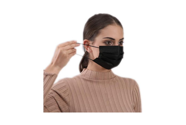 Woman wearing a black facemask with adjustable ear loops for comfortable fit