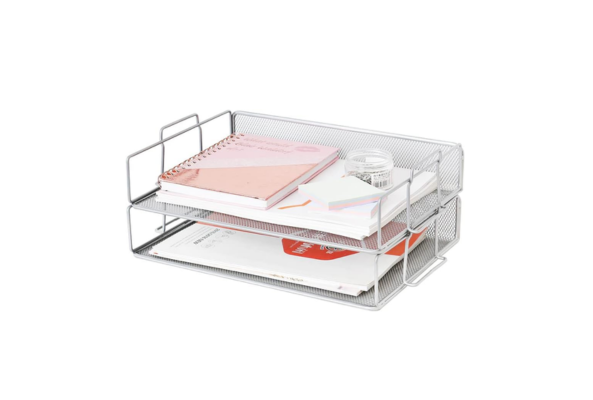 Meta Furniture File Tray Black with two-tier mesh design holding notebooks and papers