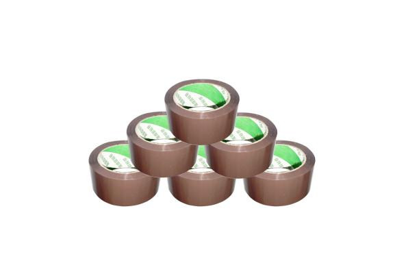 Six rolls of brown Packing Tape stacked in a pyramid shape by Meta Furniture