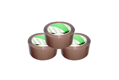 Three rolls of brown packing tape stacked with green and white labels from Meta Furniture