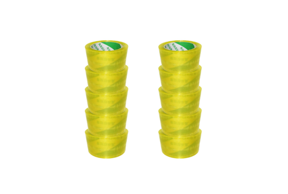 Two stacks of clear yellow packing tape rolls from Meta Furniture for secure packaging
