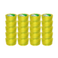 Four stacks of yellow packing tape rolls from Meta Furniture arranged in neat columns