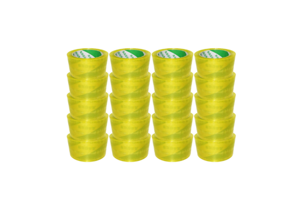 Four stacks of yellow packing tape rolls from Meta Furniture arranged in neat columns