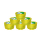 Six rolls of yellow packing tape stacked in a pyramid shape for secure packaging