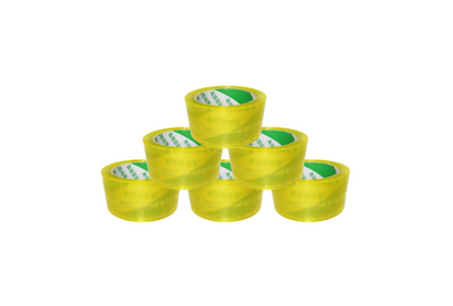 Six rolls of yellow packing tape stacked in a pyramid shape for secure packaging