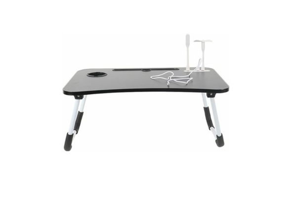 Black laptop table with lights and drawer featuring foldable legs and built-in cup holder