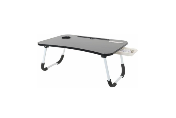 Meta Furniture laptop table with lights and drawer featuring black tabletop and foldable white legs