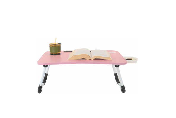 Meta Furniture pink laptop table with lights and drawer featuring foldable legs and side storage tray