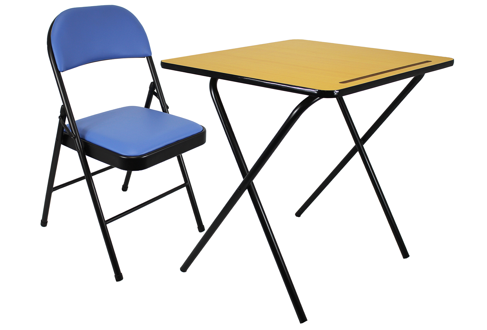 Leather Folding Chair and Exam table set by Meta Furniture with blue cushioned chair and wooden exam table