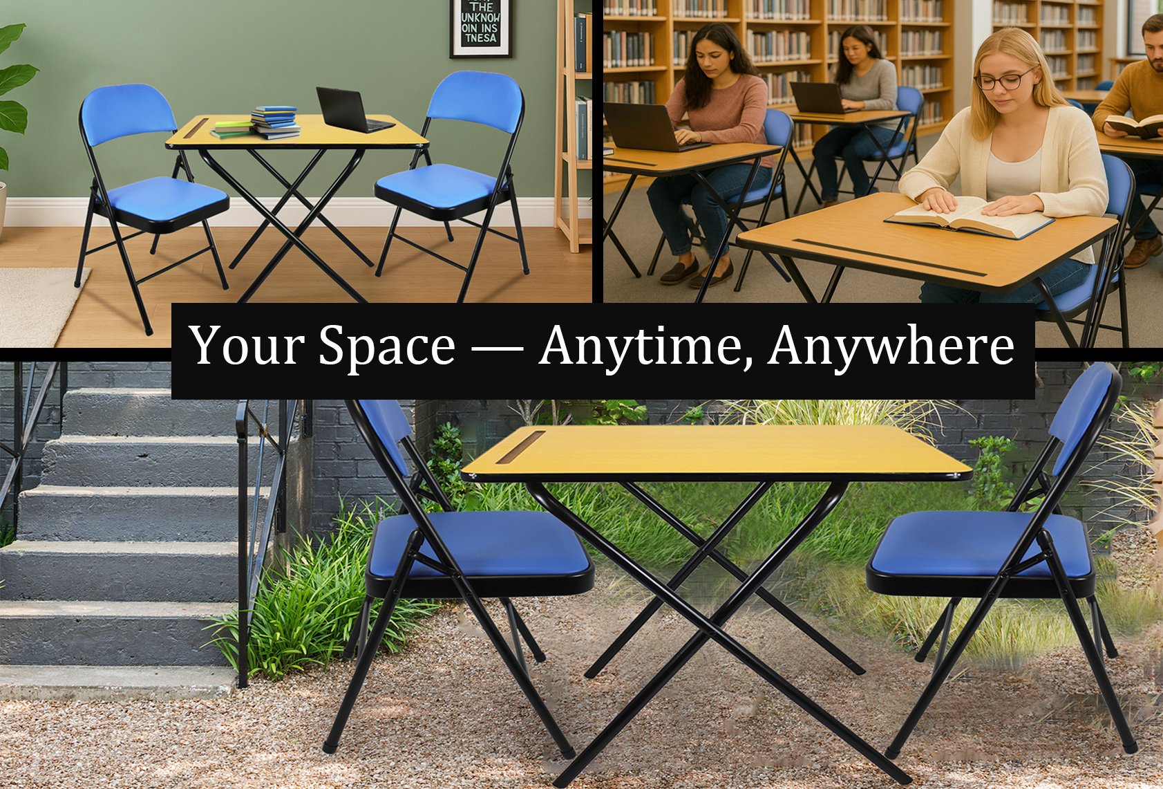 Leather Folding Chair and Exam table set with blue chairs and foldable black metal frame perfect for study or outdoor use
