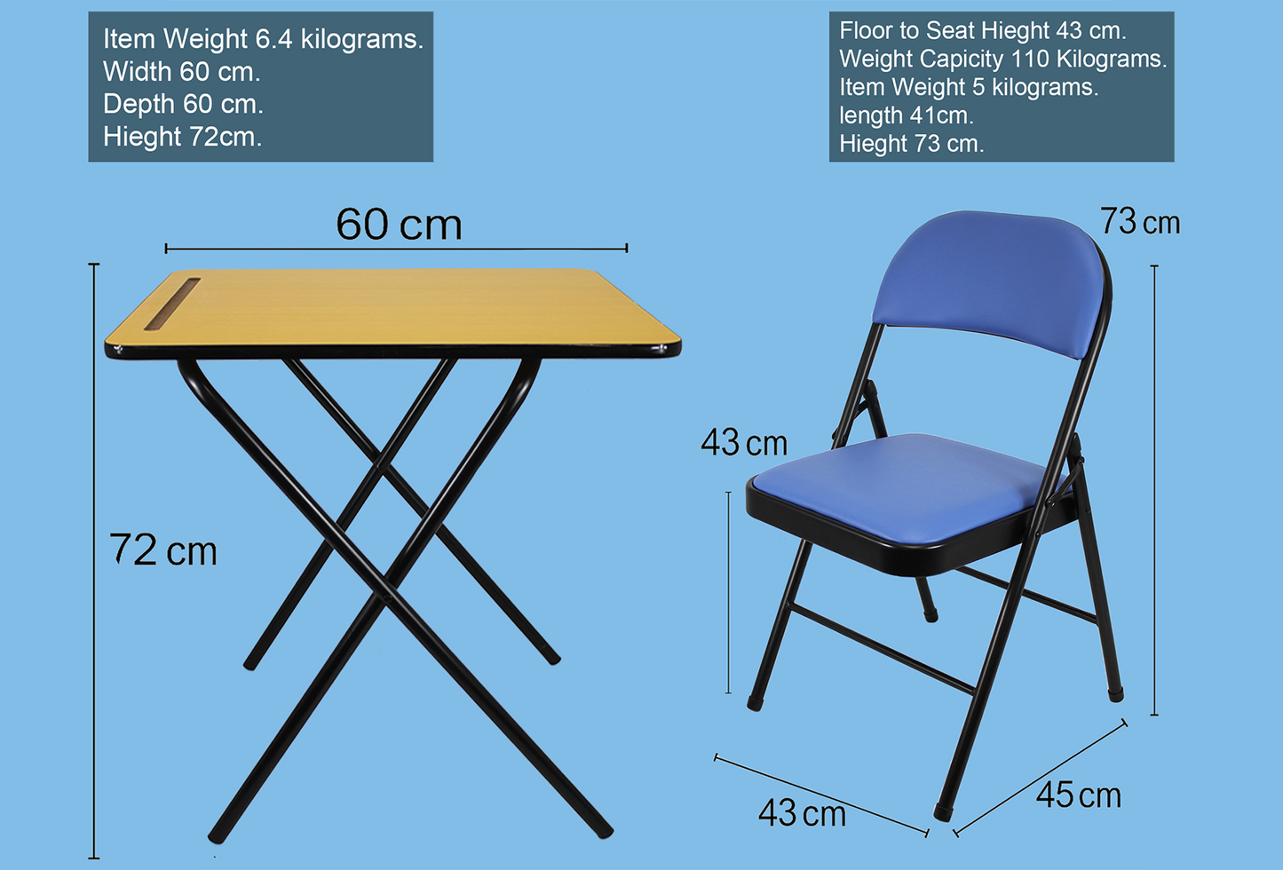 Leather folding chair and exam table set with blue seat and black metal frame from Meta Furniture