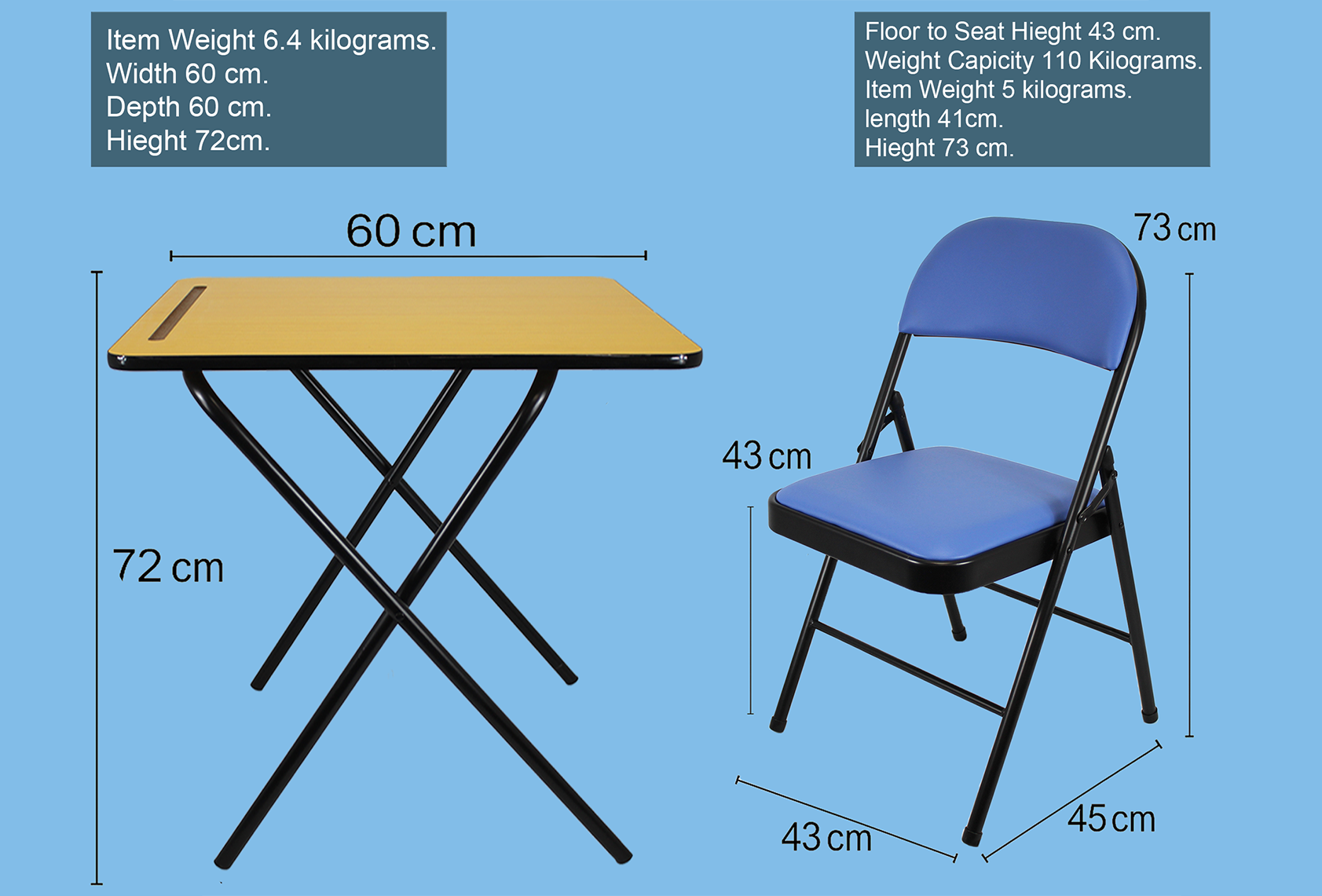 Leather folding chair and exam table set with blue seat and black metal frame from Meta Furniture