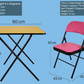 Leather Folding Chair and Exam table with pink seat and folding black metal legs and wooden tabletop
